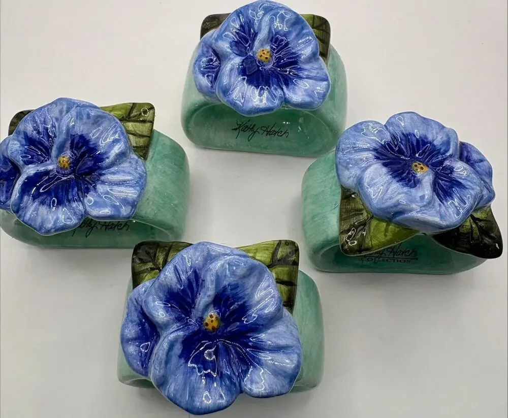 Vintage Pansy Napkin Rings By Kathy Hatch Set of 4 Ceramic/Porcelain 2003